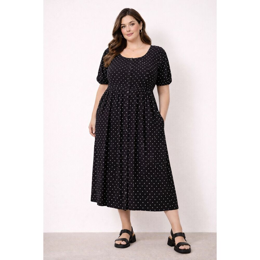 Ava & Viv Black White Square Print Midi Dress XXL Puff Sleeve Square Neck NWT